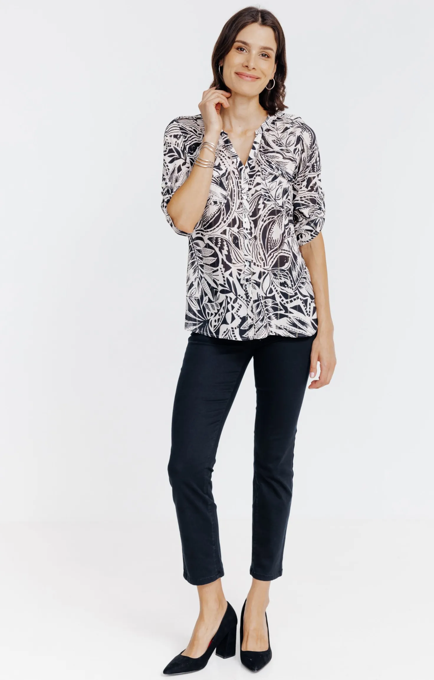 Chemise col mao imprimée feuillage -