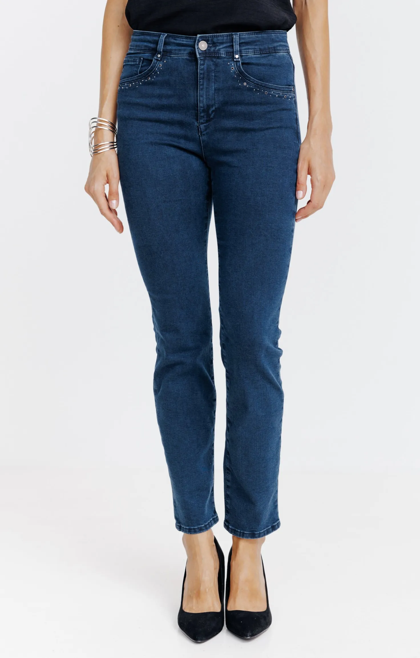 Pantalon 7/8 denim détail strass -