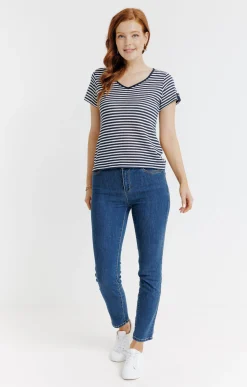 Pantalon 7/8 denim stone strass poches -