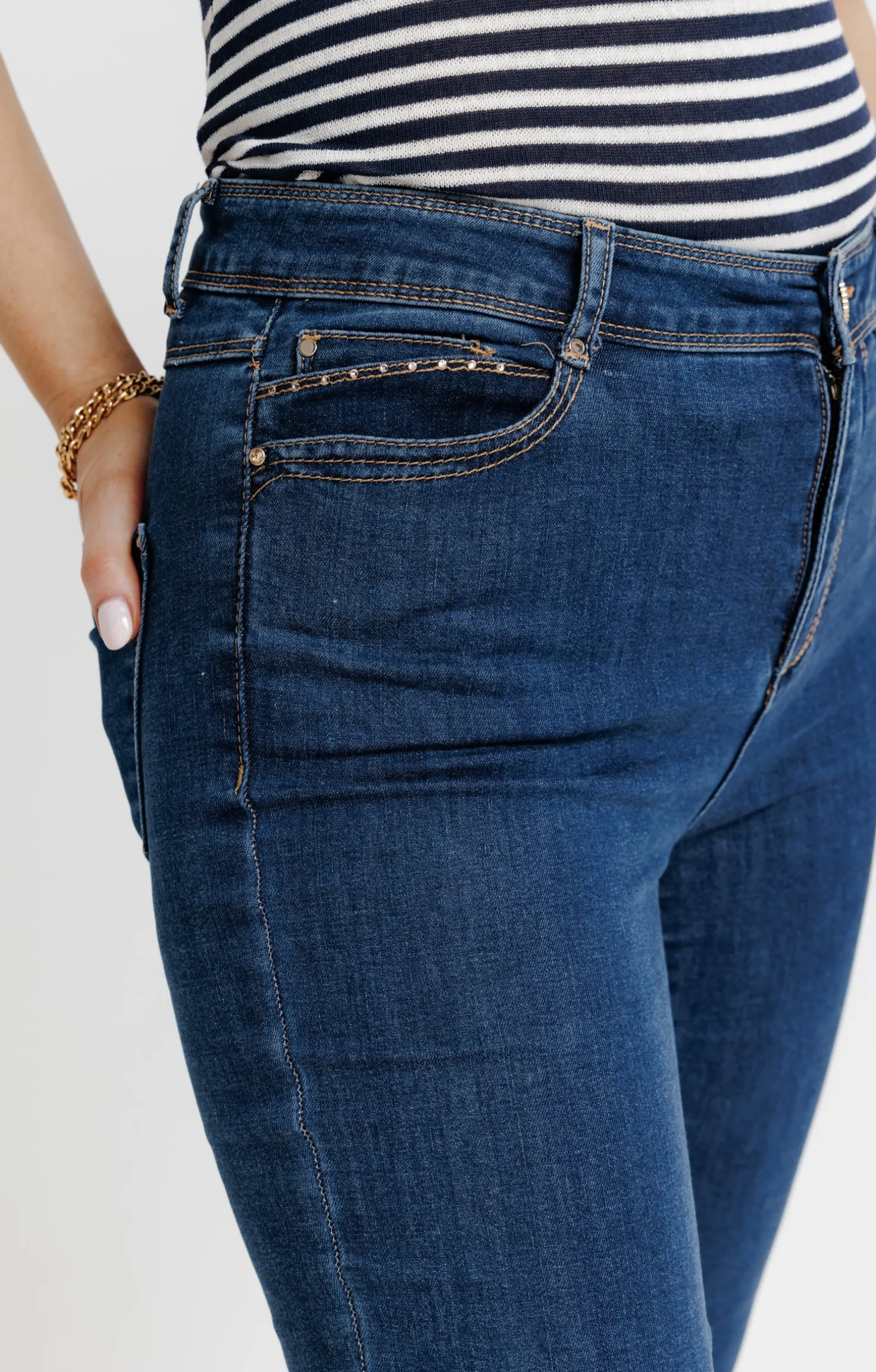 Pantalon 7/8 denim stone strass poches -