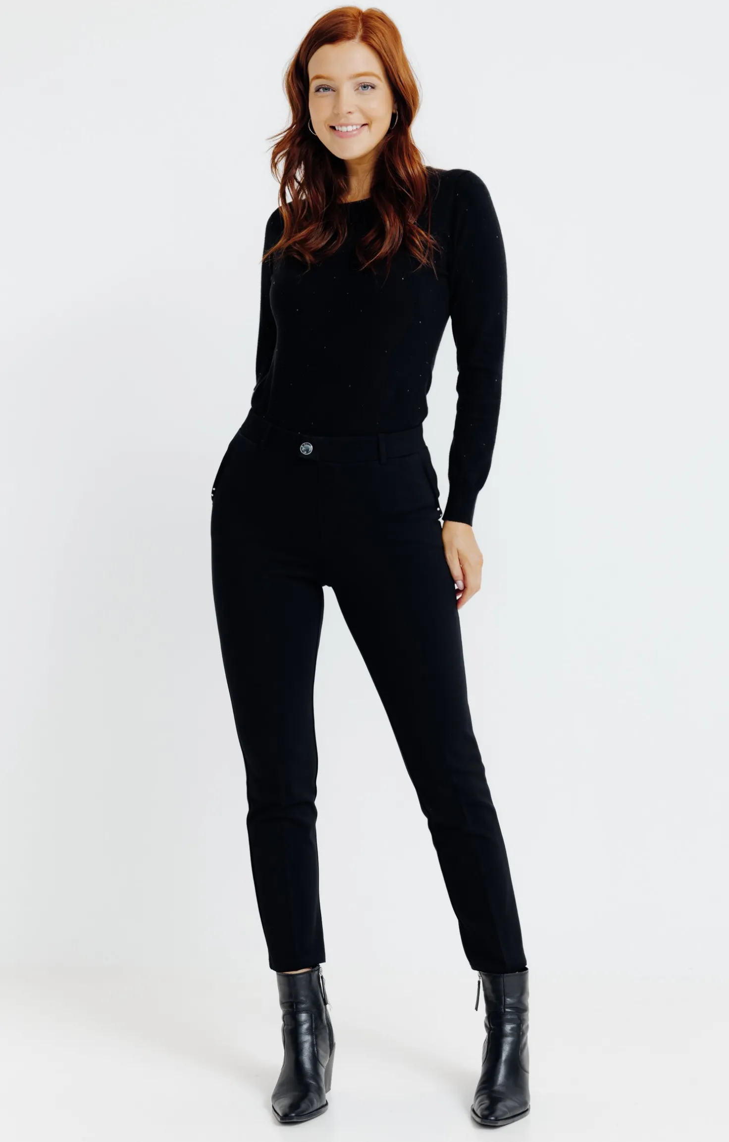 pantalon maille slim bouton fantaisie -