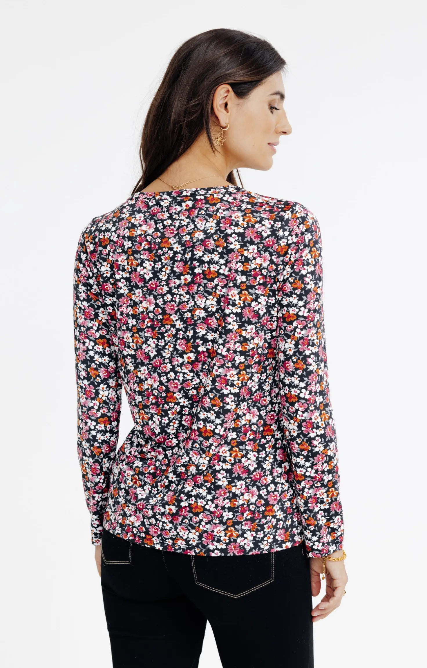 TEE-SHIRT COL MAO IMRIME FLEURS -