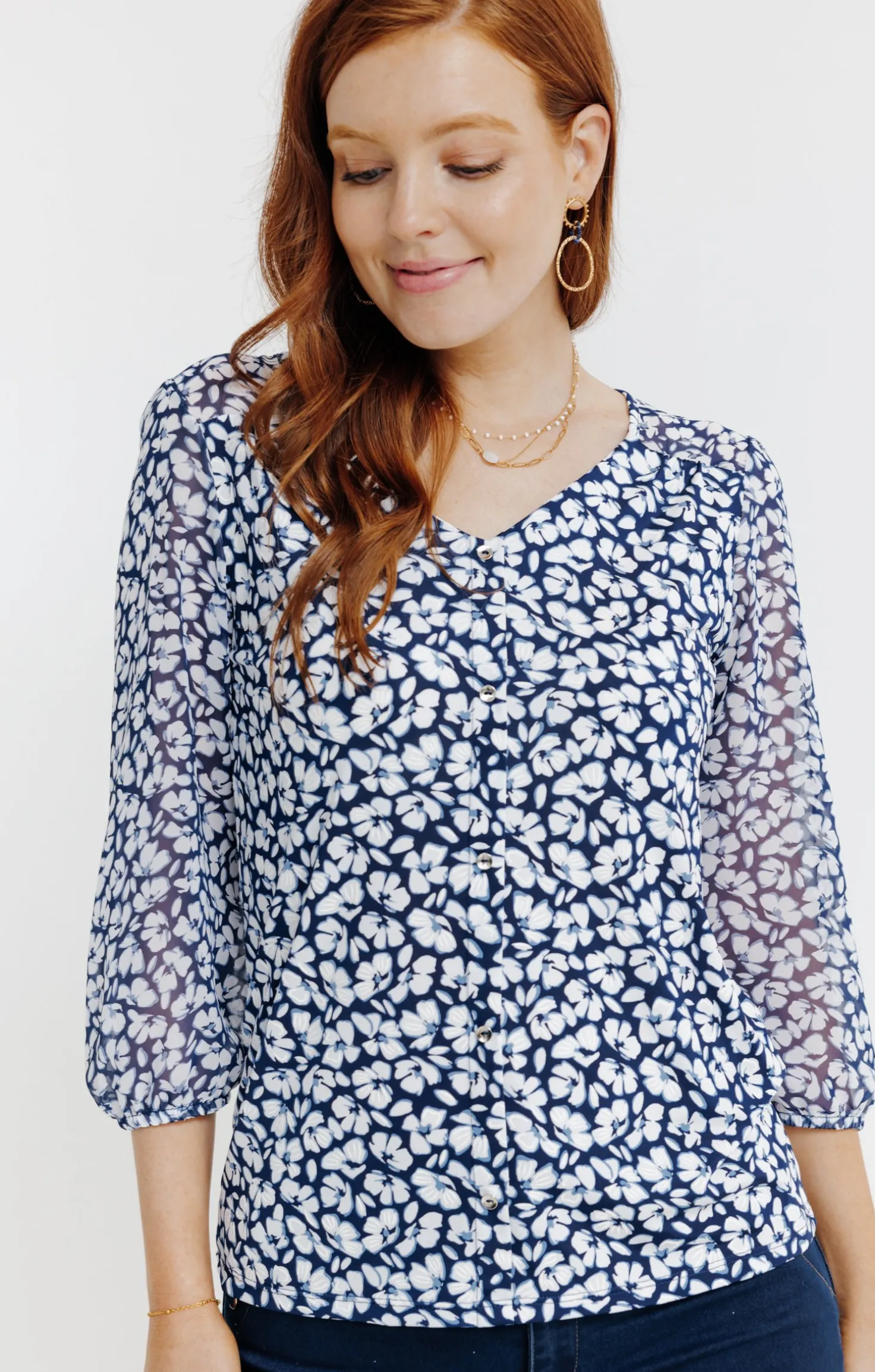 Tee-shirt mix matière imprimé fleurs -