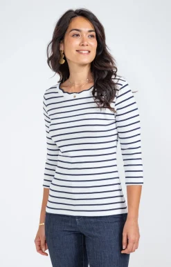 Tee-shirt rayures col bateau festonné -
