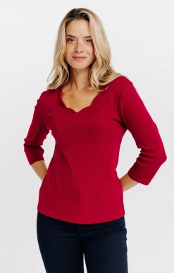 Tee-shirt uni col V festons -