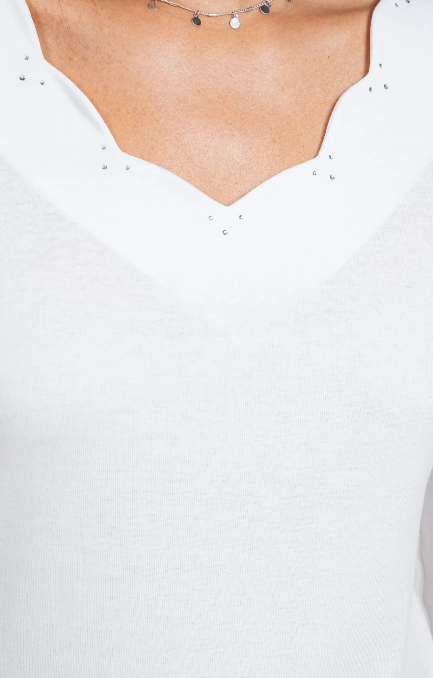 Tee-shirt uni col V festons -