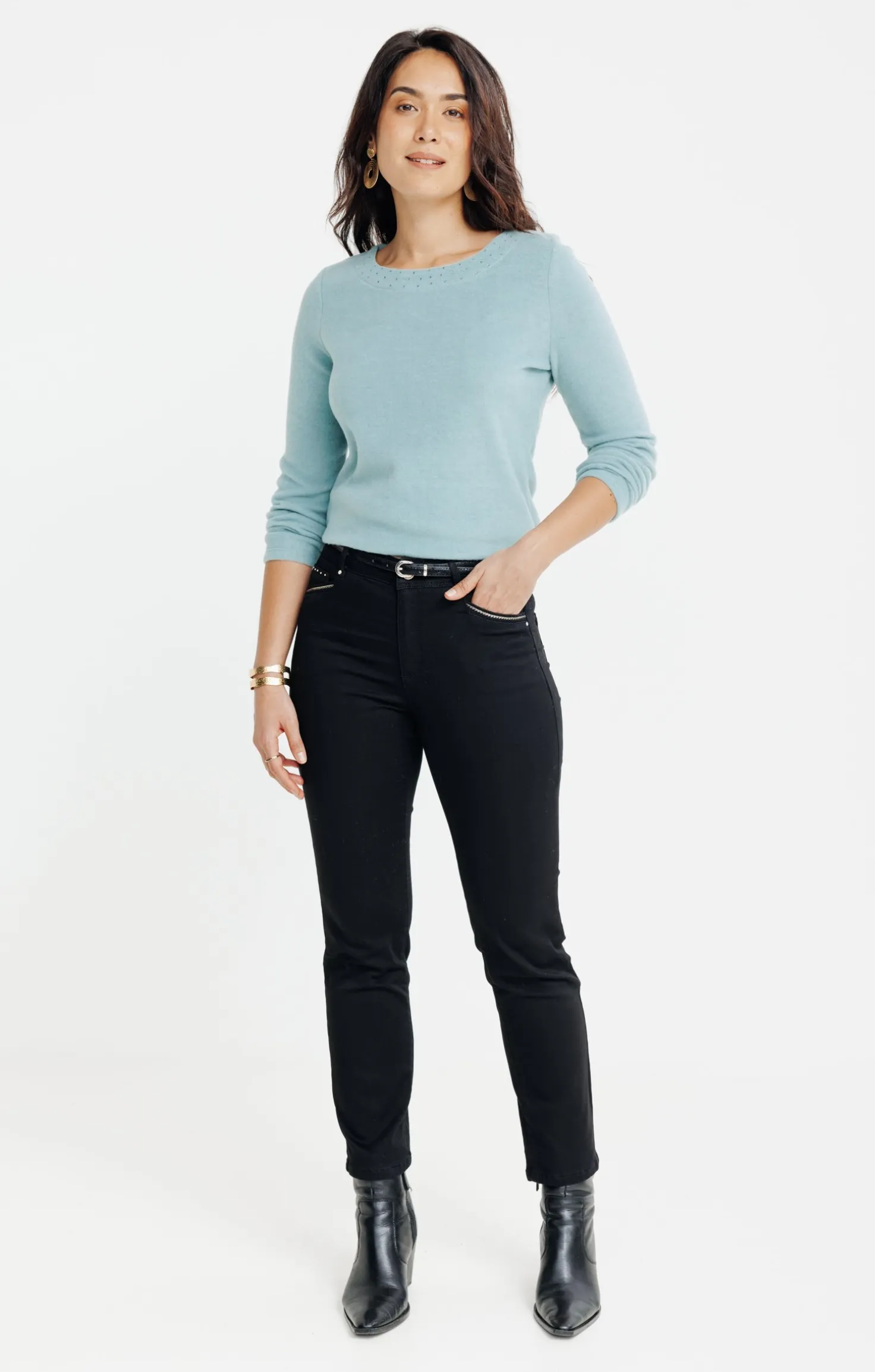 Tee-shirt uni strass col bateau -